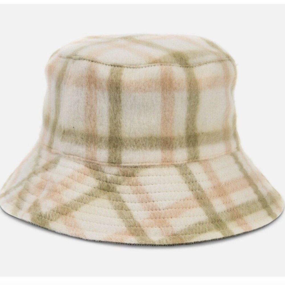 Jenni Women's Reversible Corduroy Bucket Hat Solid/Plaid Olive Green/Peach/White